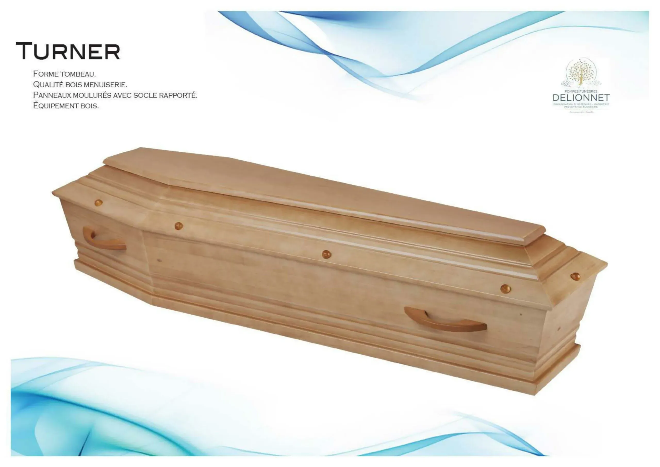 Cercueil forme tombeau en bois de menuiserie clair modèle Turner.