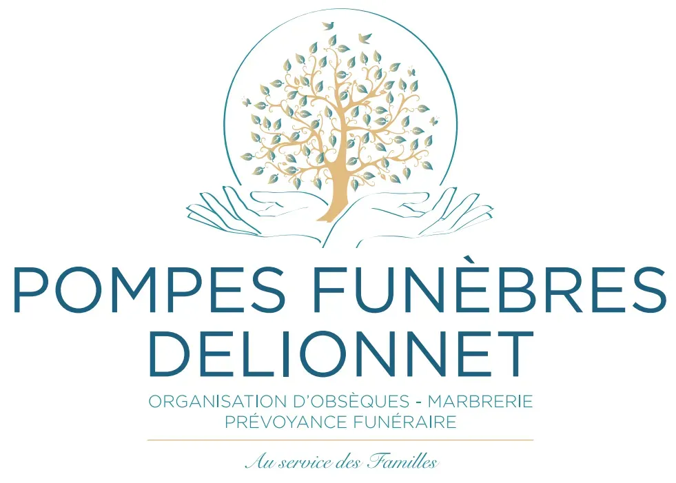 Logo officiel des Pompes Funèbres Delionnet avec un arbre tenu par deux mains.